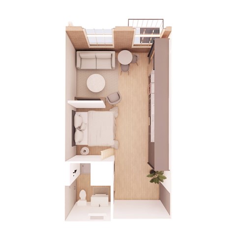 A top-down view of a small, modern apartment with a kitchen, living room, and bathroom.